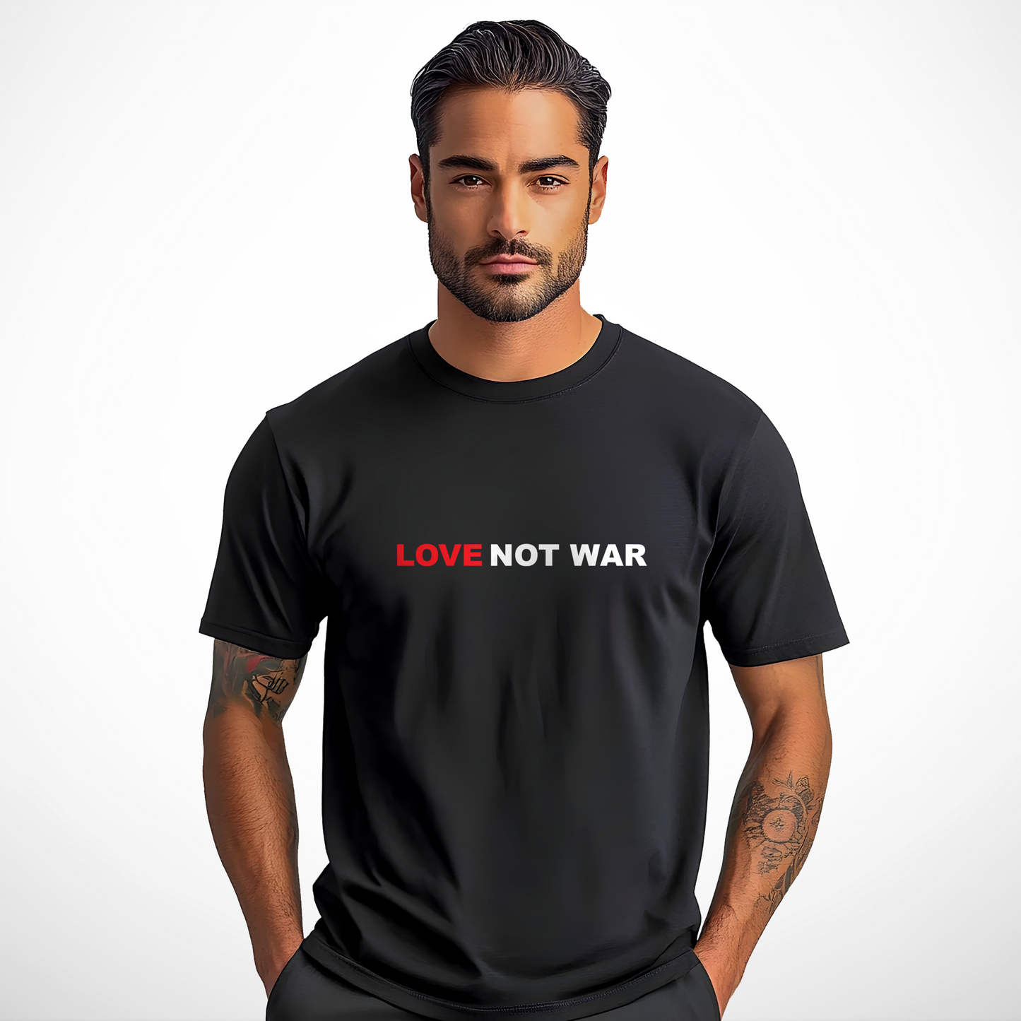 Man wearing a Love Not War T-shirt from Yebber, featuring a bold message promoting peace and unity – statement clothing for advocates of love over conflict.
