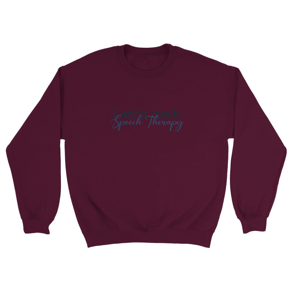 Maroon Let's Talk Speech Therapy statement clothing crew neck sweatshirt with blue and black text.