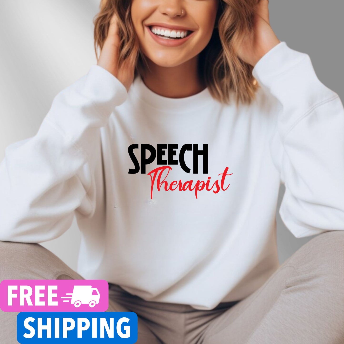 Person wearing a white Speech Therapist statement clothing crew neck sweatshirt with bold black and red text. Premium DTG print quality, fast delivery, and free worldwide shipping by Yebber.