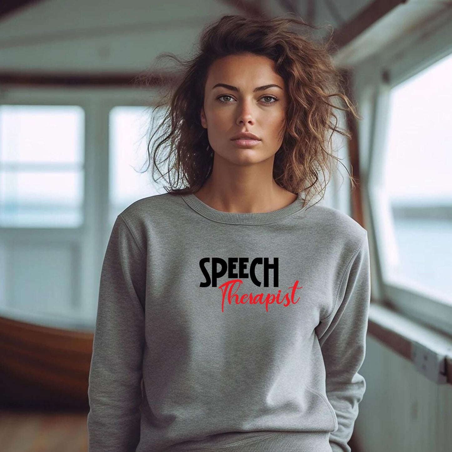 Person wearing a grey Speech Therapist statement clothing crew neck sweatshirt with bold black and red text, standing in a modern interior setting. Premium DTG print quality, fast delivery, and free worldwide shipping by Yebber.