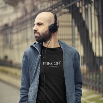 Person listening to headphones wearing a black FUNK OFF T-shirt from Yebber, featuring bold typography with a witty design – statement clothing for music lovers and free spirits.