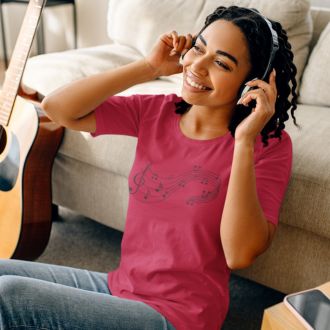Woman wearing a cardinal Love Music Sheet T-shirt from Yebber, featuring a heart-shaped music sheet design – statement clothing for music lovers.