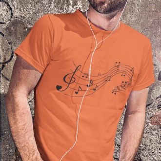 Man wearing a orange Love Music Sheet T-shirt from Yebber, featuring a heart-shaped music sheet design – statement clothing for music lovers.