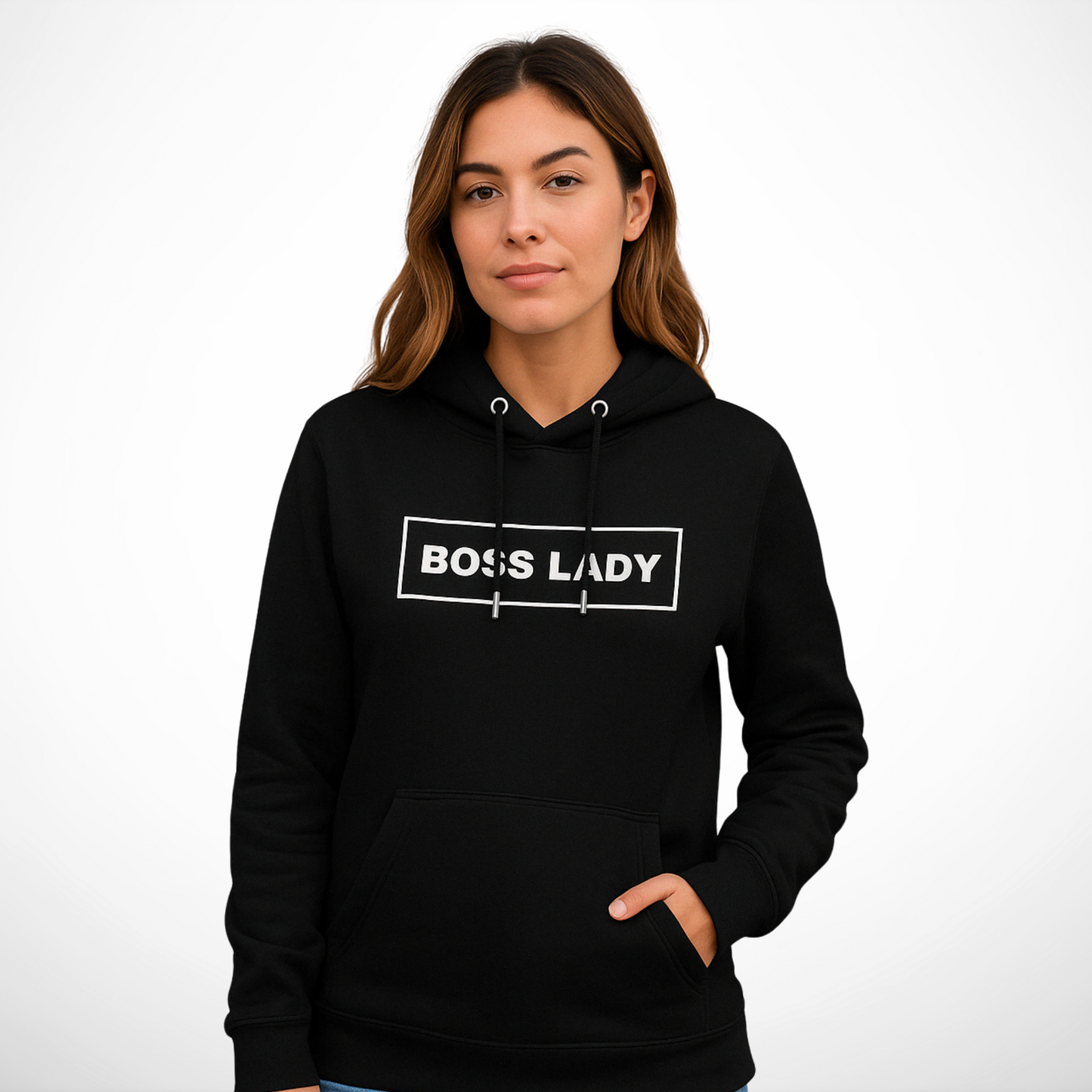 a woman wearing a black BOSS LADY Hoodie