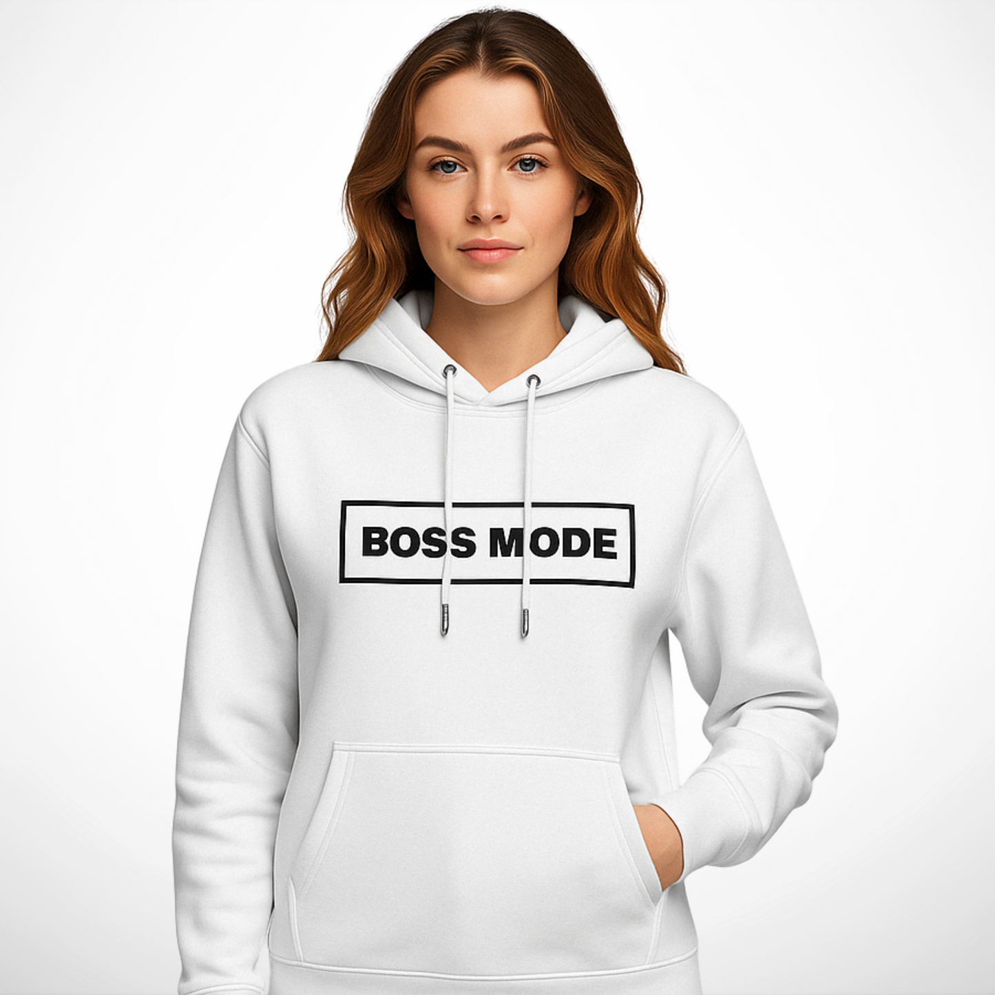 A woman wearing a white BOSS MODE hoodie