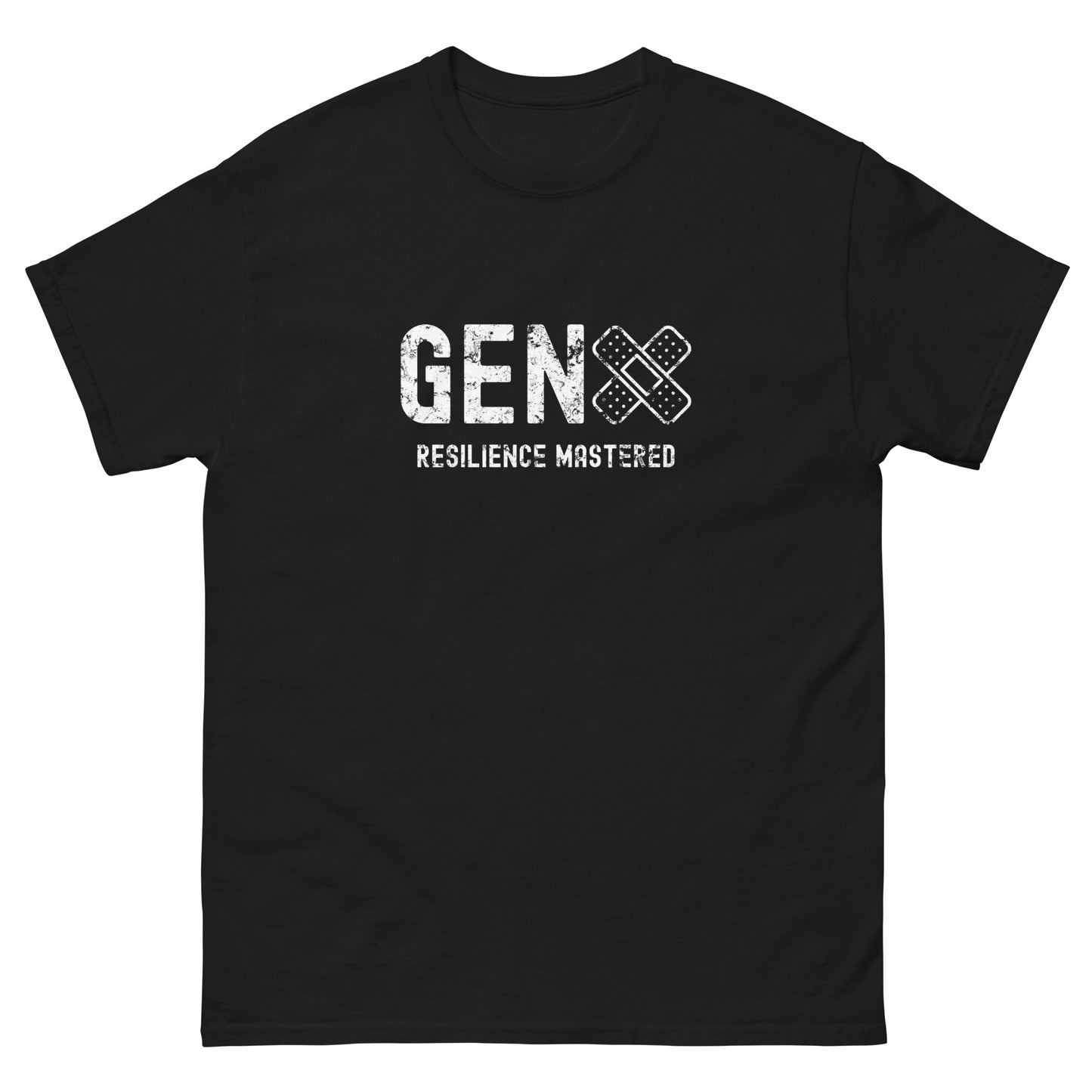 black Yebber T-shirt with bold white text "GEN X – Resilience Mastered" and a bandage icon – powerful statement clothing celebrating Generation X’s strength and survival.