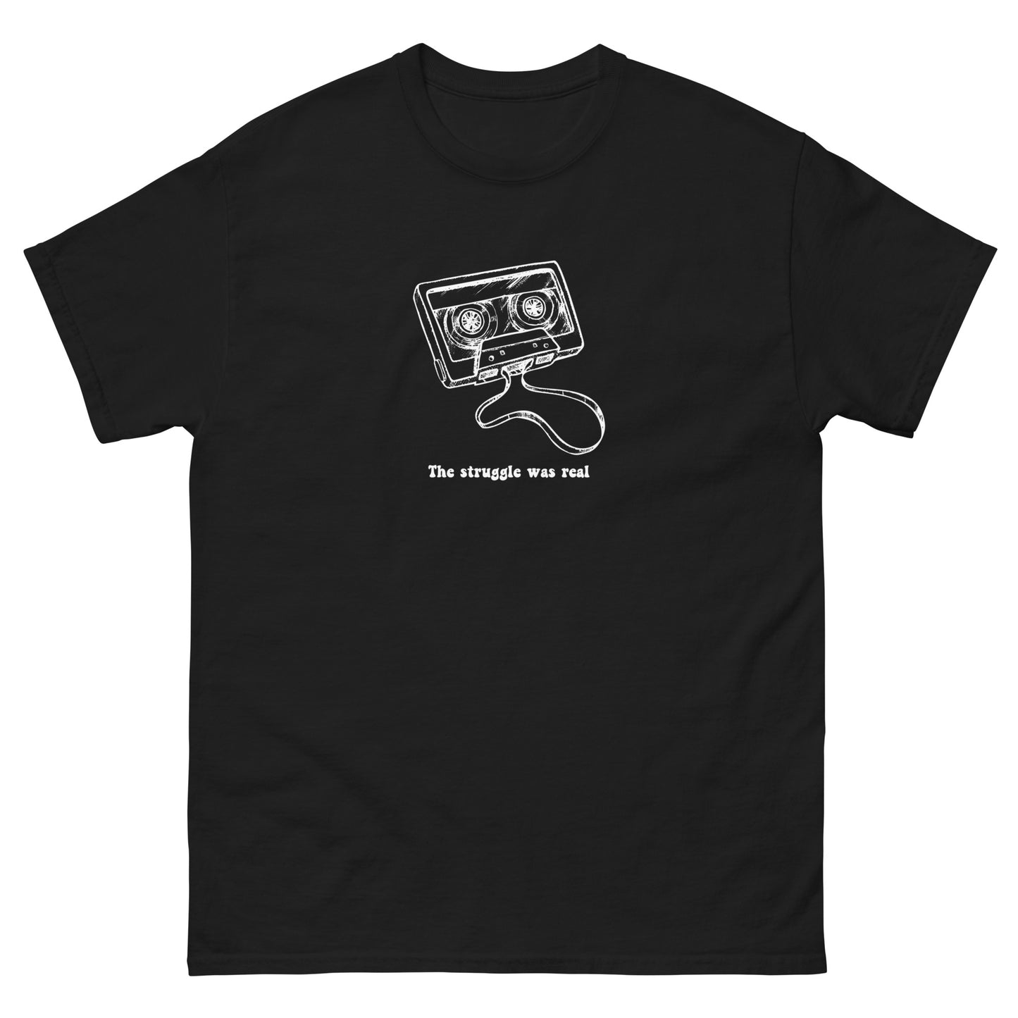 black Yebber T-shirt with a white cassette tape graphic and the phrase "The struggle was real" – nostalgic Gen X statement clothing with a retro twist.