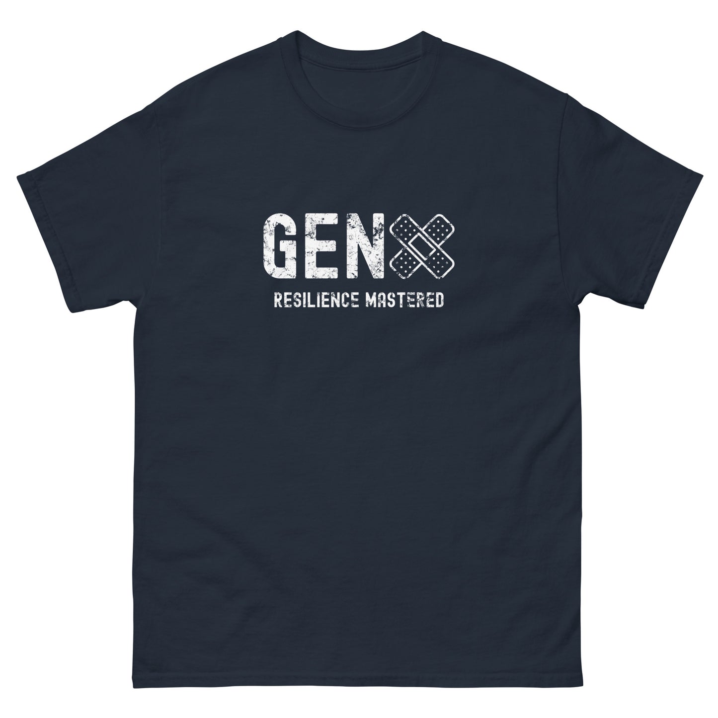 navy Yebber T-shirt with bold white text "GEN X – Resilience Mastered" and a bandage icon – powerful statement clothing celebrating Generation X’s strength and survival.