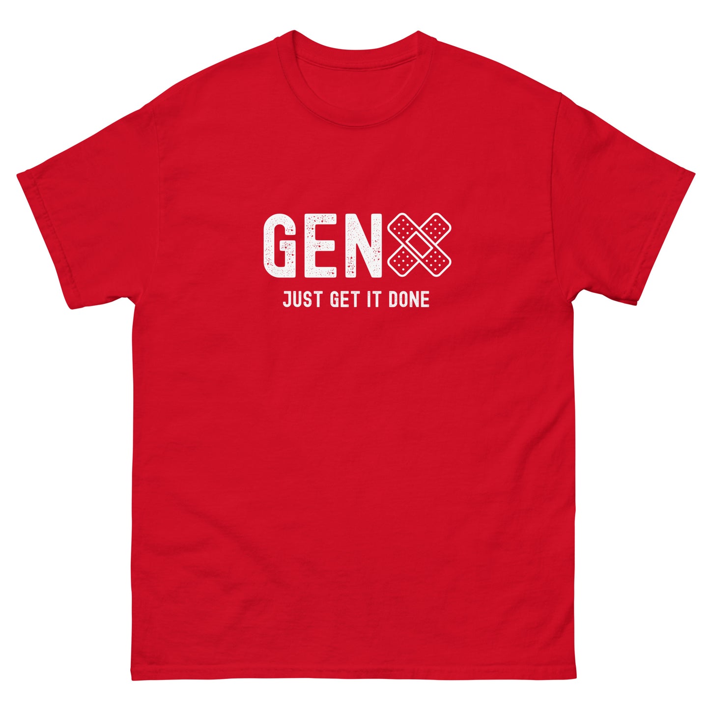 red Yebber T-shirt with bold white text "GEN X – Just Get It Done" and a bandage icon – minimalist statement clothing capturing the no-nonsense mindset of Generation X.