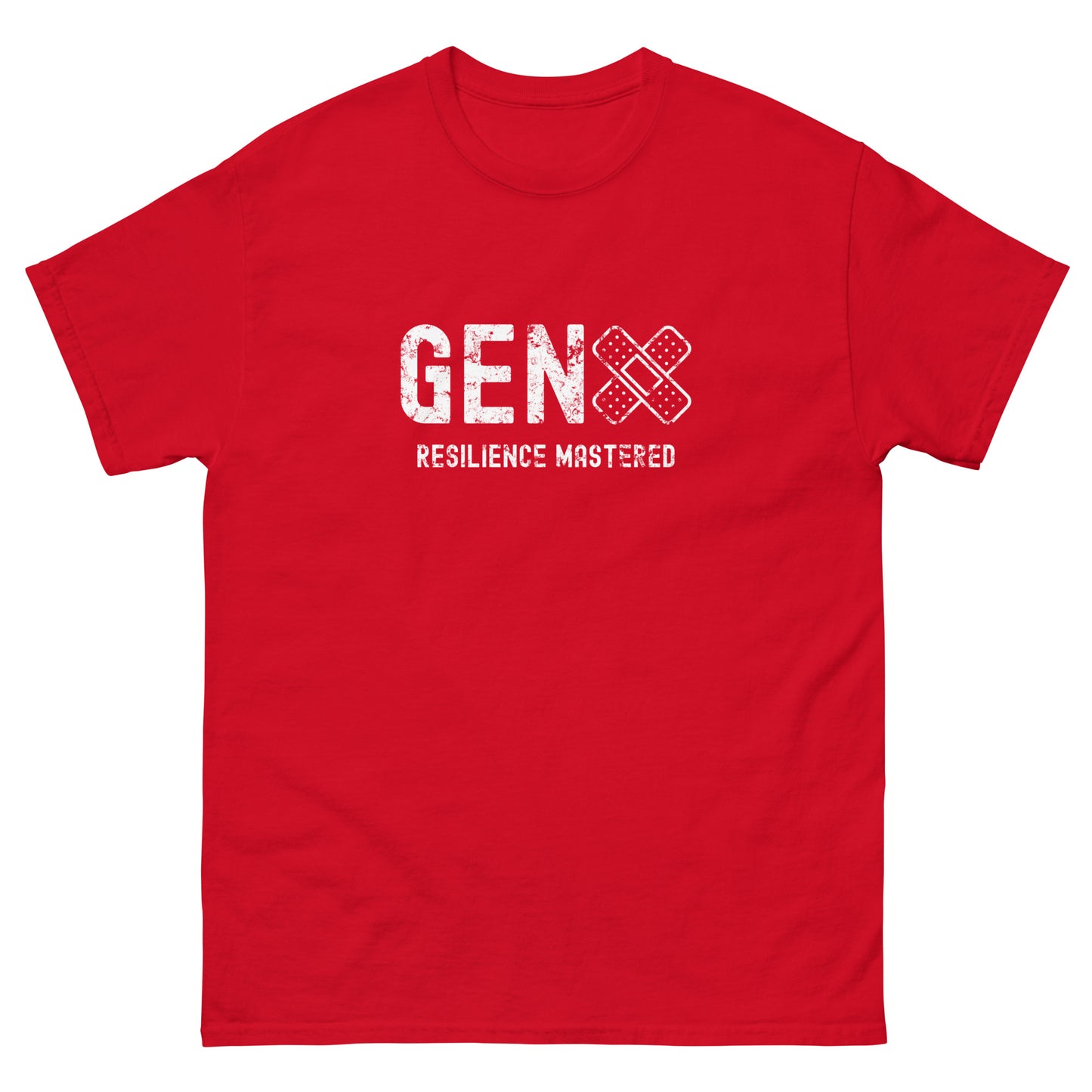 red Yebber T-shirt with bold white text "GEN X – Resilience Mastered" and a bandage icon – powerful statement clothing celebrating Generation X’s strength and survival.