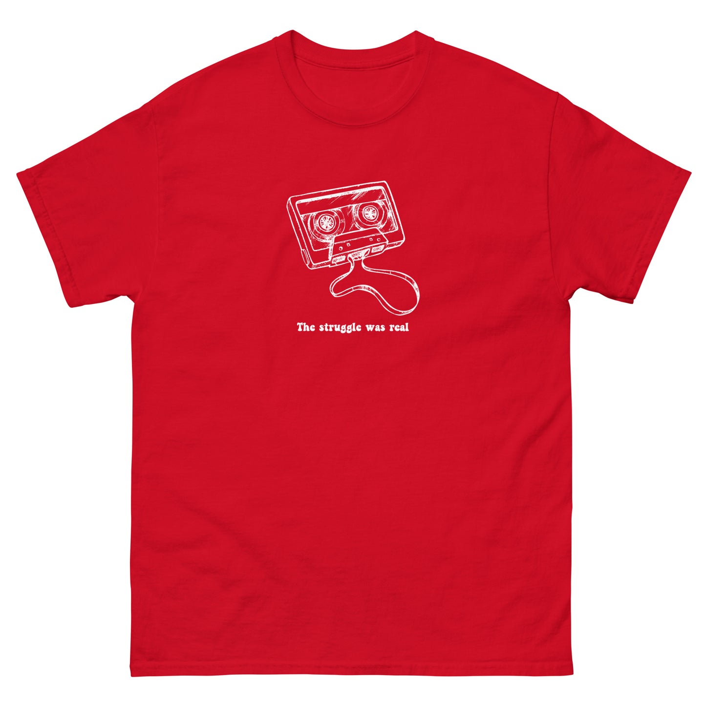red Yebber T-shirt with a white cassette tape graphic and the phrase "The struggle was real" – nostalgic Gen X statement clothing with a retro twist.
