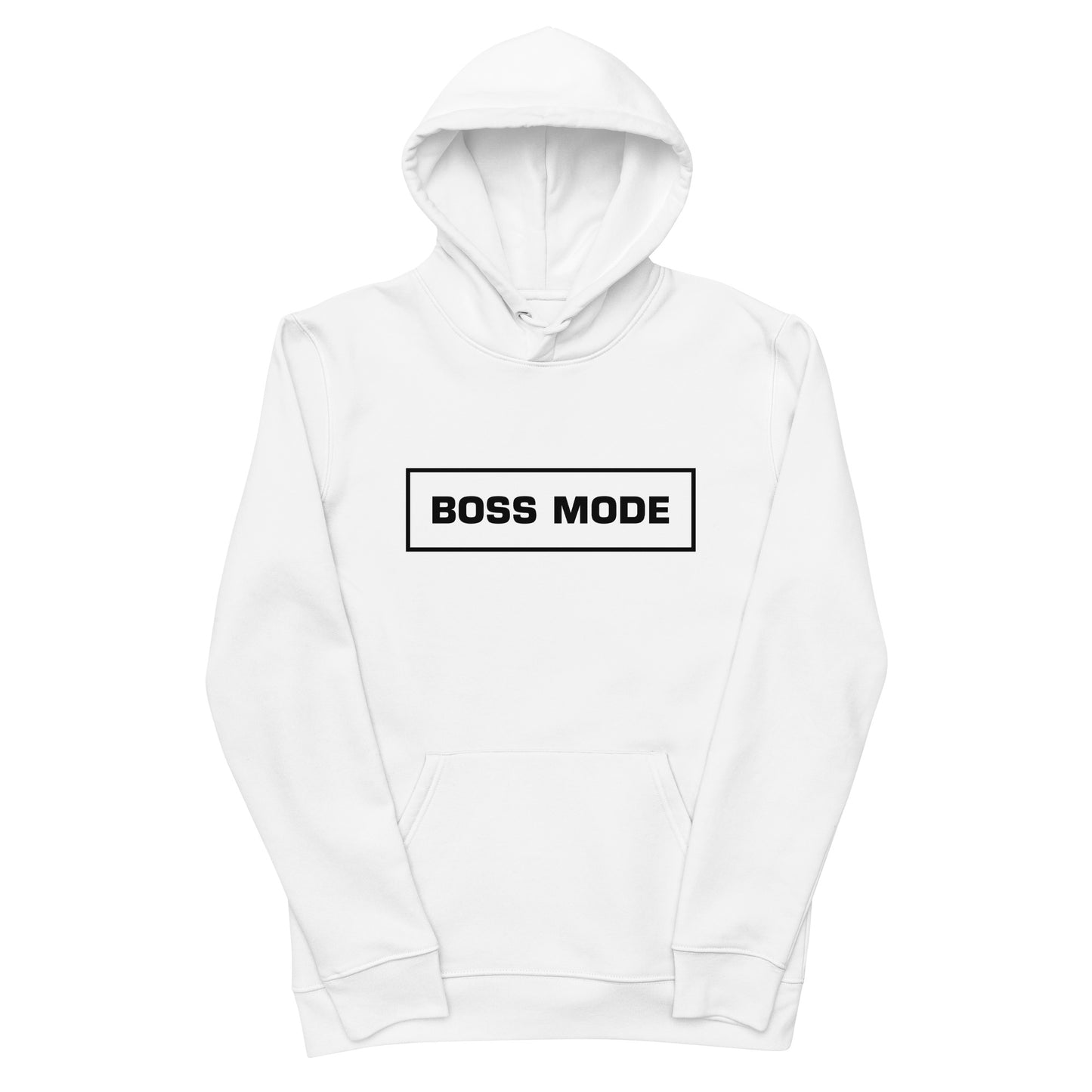 A white BOSS MODE hoodie laid flat, showcasing the bold black boxed logo on the chest.
