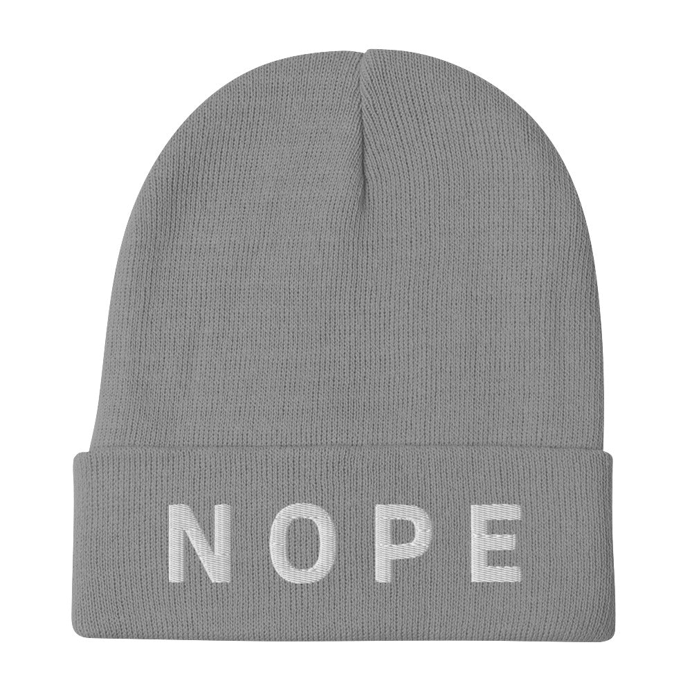 gray Nope Embroidered Beanie from Yebber, featuring bold embroidered text on a snug, stylish design – statement clothing for those with a bold attitude.
