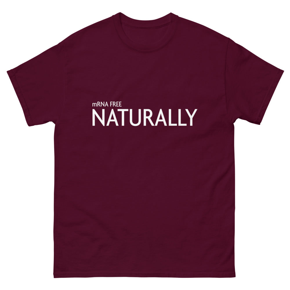 maroon front mRNA FREE T-shirt from Yebber, making a bold statement about natural choices – statement clothing for personal freedom advocates.