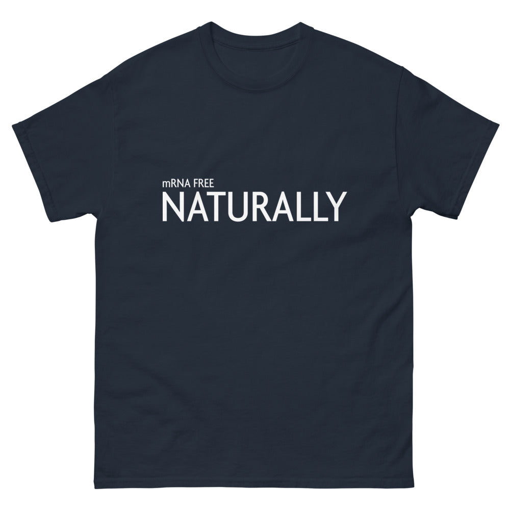 navy front mRNA FREE T-shirt from Yebber, making a bold statement about natural choices – statement clothing for personal freedom advocates.