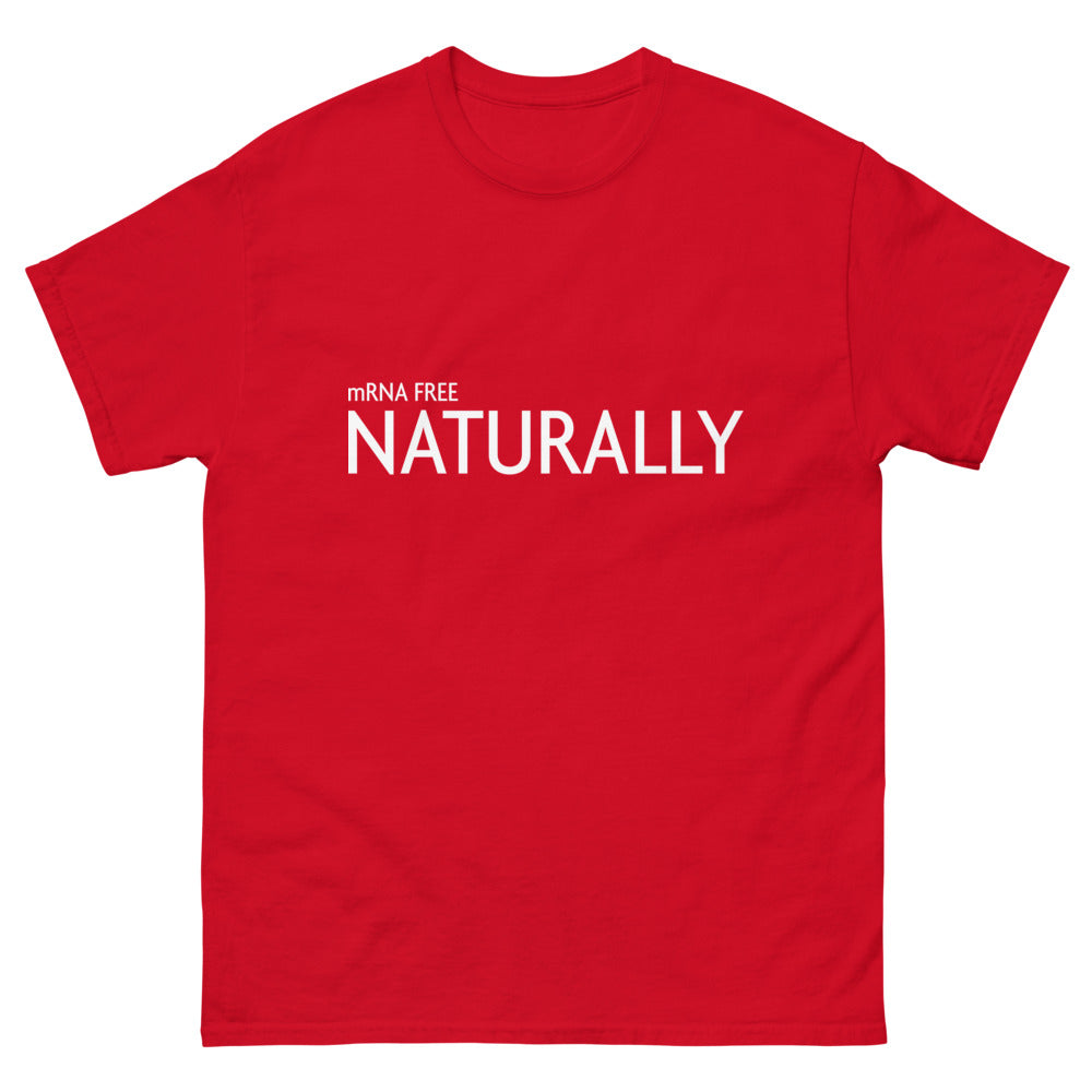 red front mRNA FREE T-shirt from Yebber, making a bold statement about natural choices – statement clothing for personal freedom advocates.