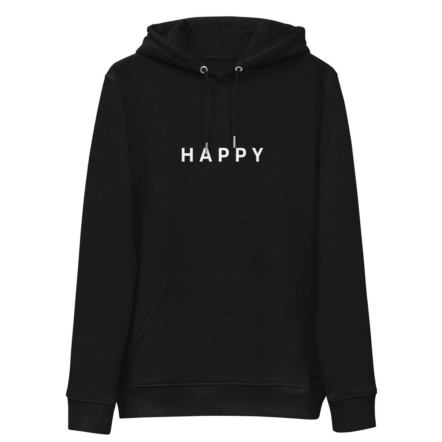 front black Happy Hoodie from Yebber, featuring minimalist embroidery on a soft, eco-friendly fabric – statement clothing for those who spread good vibes.