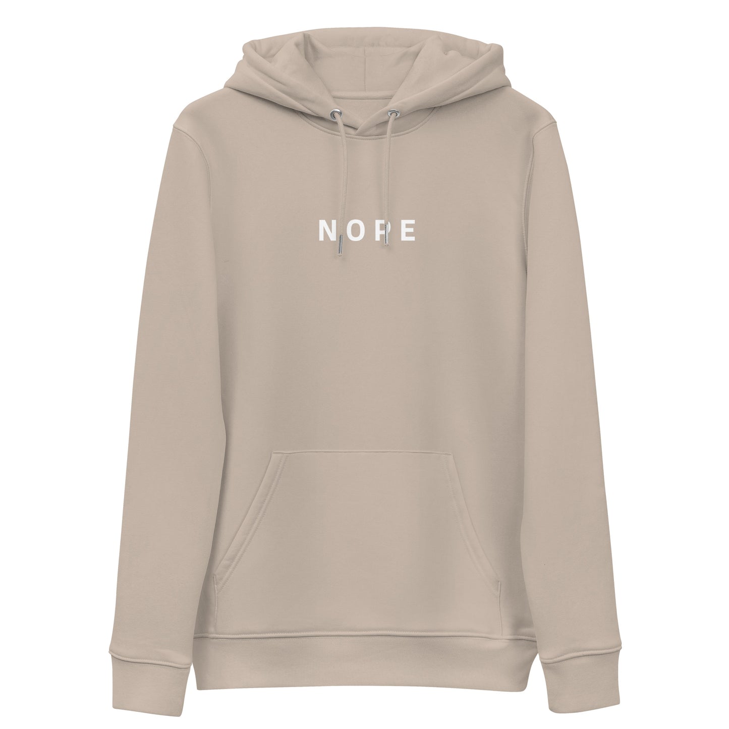 desert dust Nope Hoodie from Yebber, featuring bold minimalist text on an eco-friendly hoodie – statement clothing for those who stand their ground.