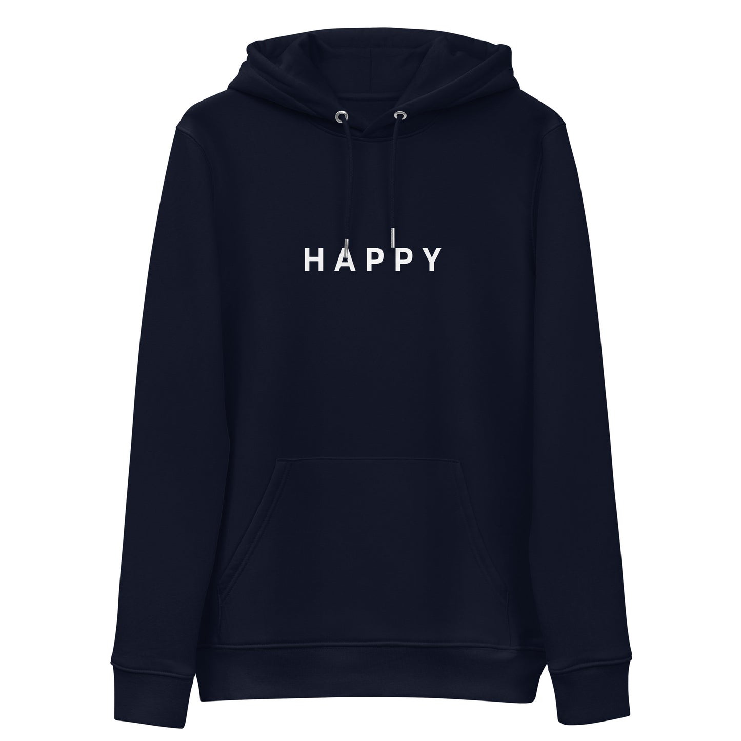 front french navy Happy Hoodie from Yebber, featuring minimalist embroidery on a soft, eco-friendly fabric – statement clothing for those who spread good vibes.