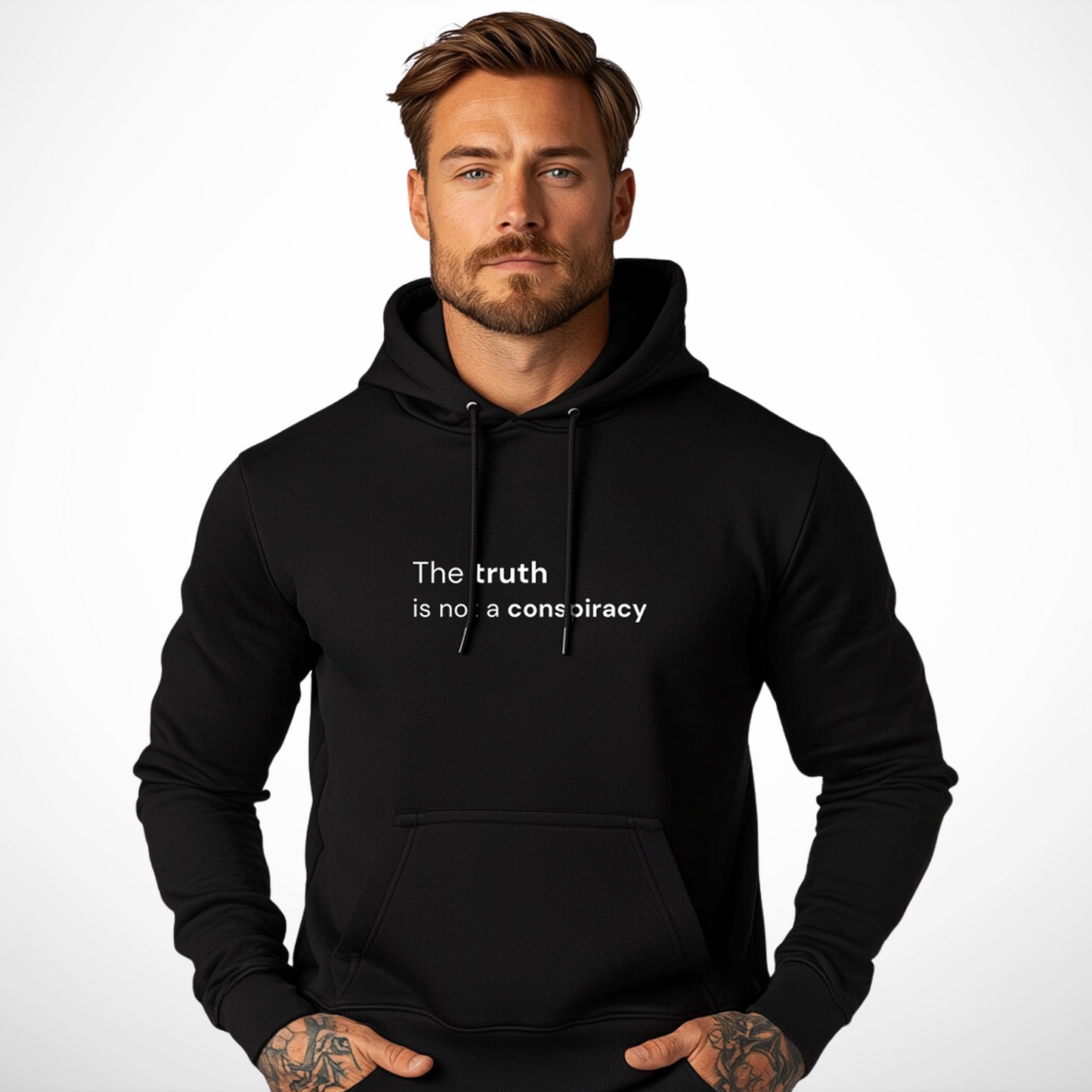 man wearing a  black awake, not woke hoodie. Statement clothing by yebber.