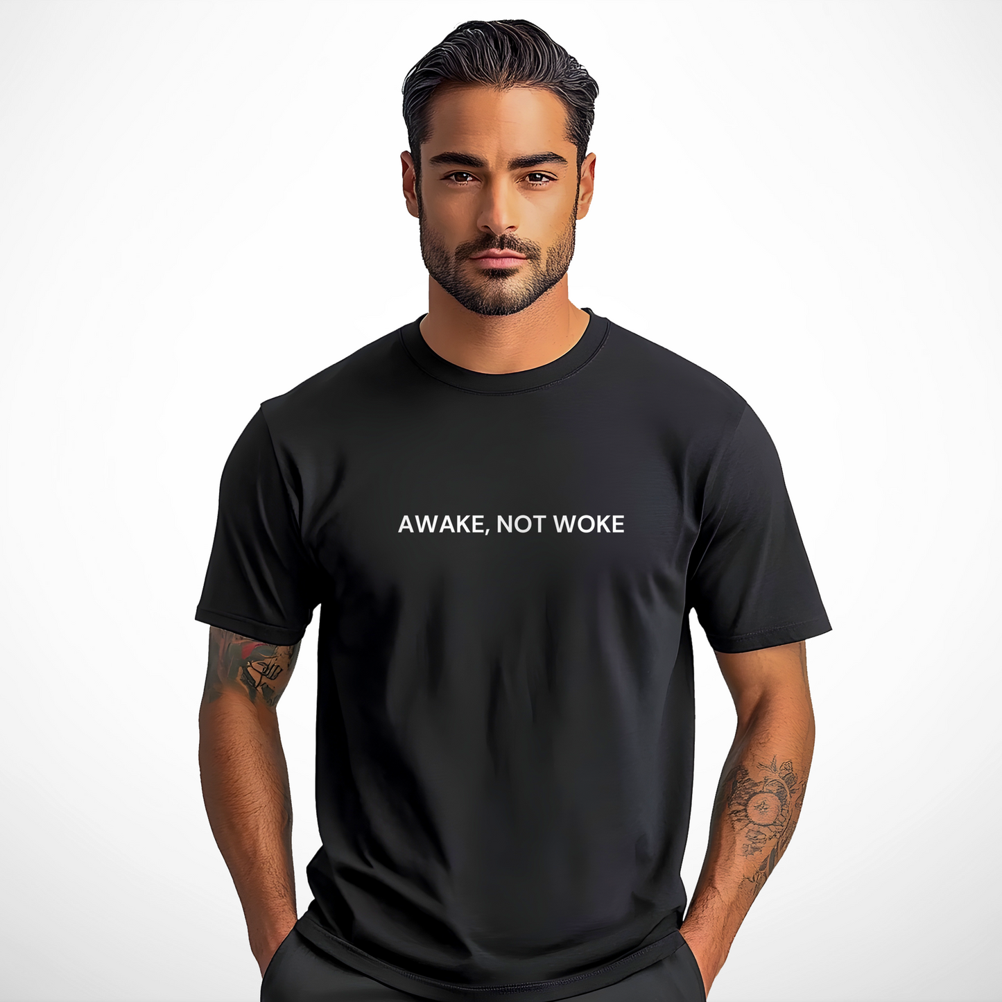 man wearing a wake, not woke t-shirt, statement clothing by yebber.