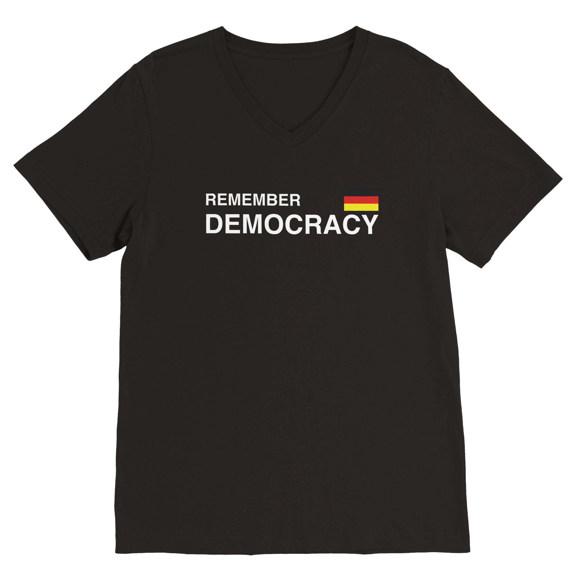 Black Remember Democracy Germany statement clothing T-shirt with white text and a small German flag.