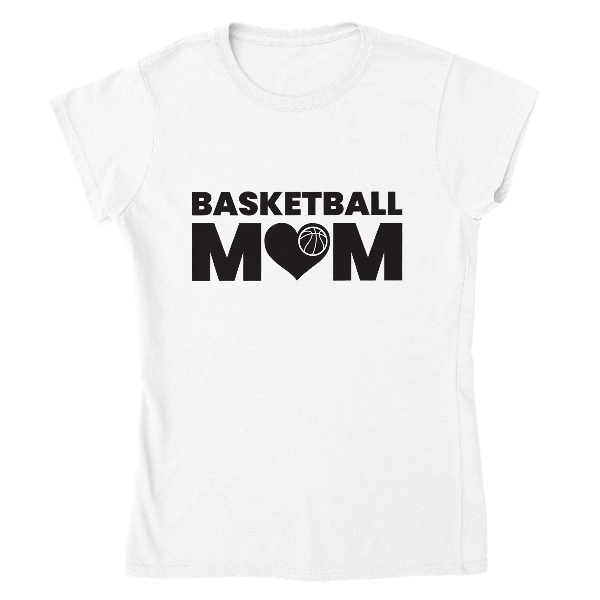 white Basketball Mom Pride T-shirt from Yebber, featuring bold text with a basketball graphic – statement clothing for proud sports moms.