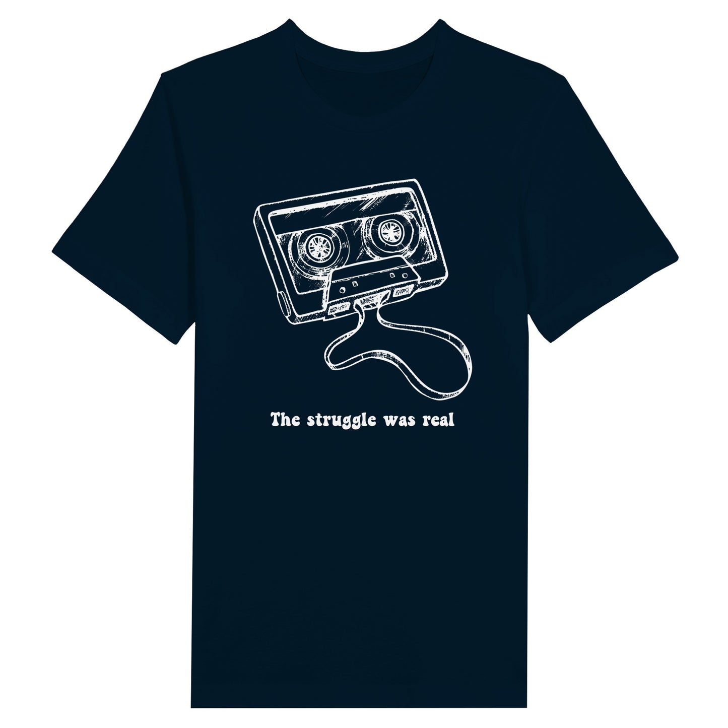 Blue Gen X statement clothing T-shirt with a white cassette tape design and the text "The struggle was real". 