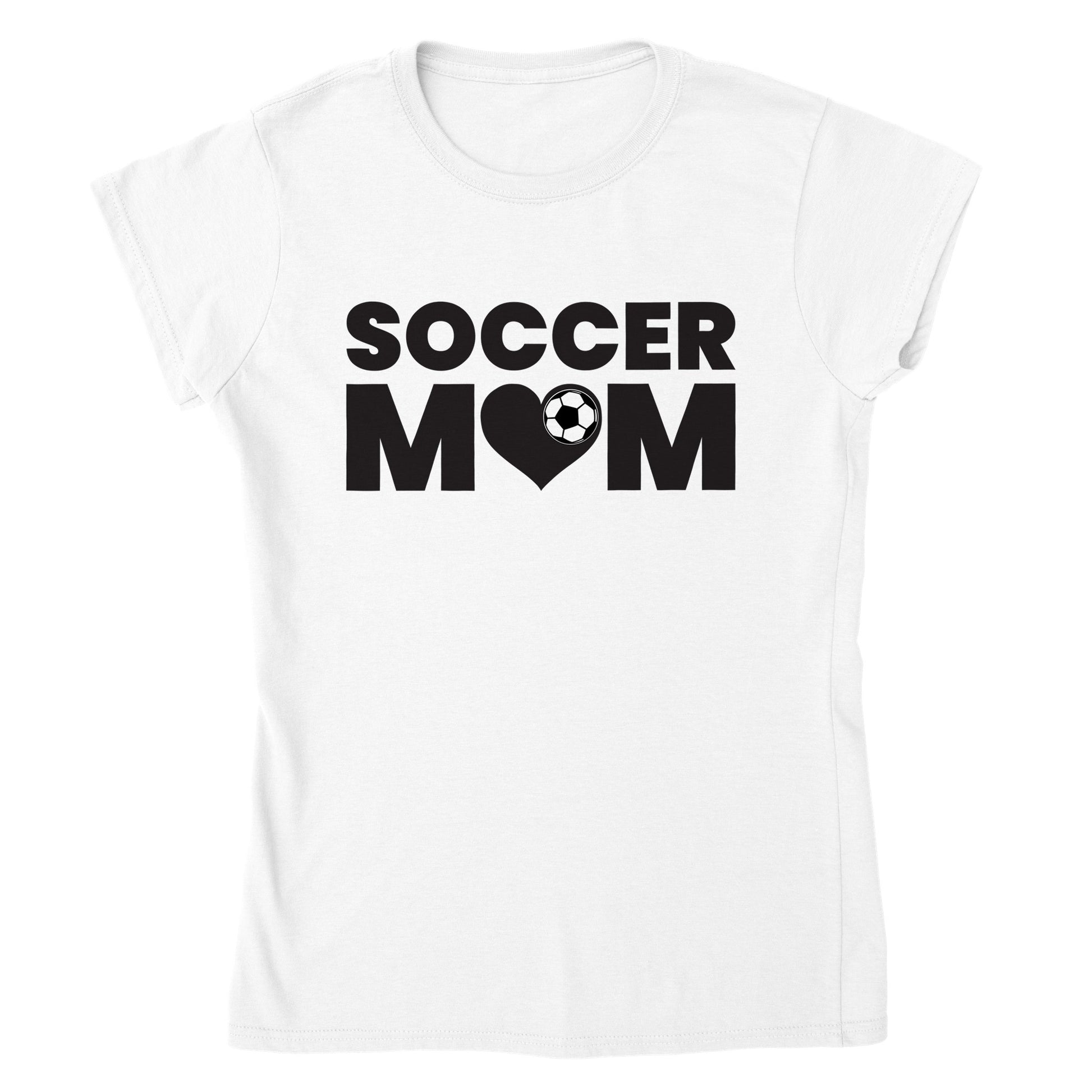 white Soccer Mom Pride T-shirt from Yebber, featuring bold text and a soccer ball graphic – statement clothing for dedicated sports moms.