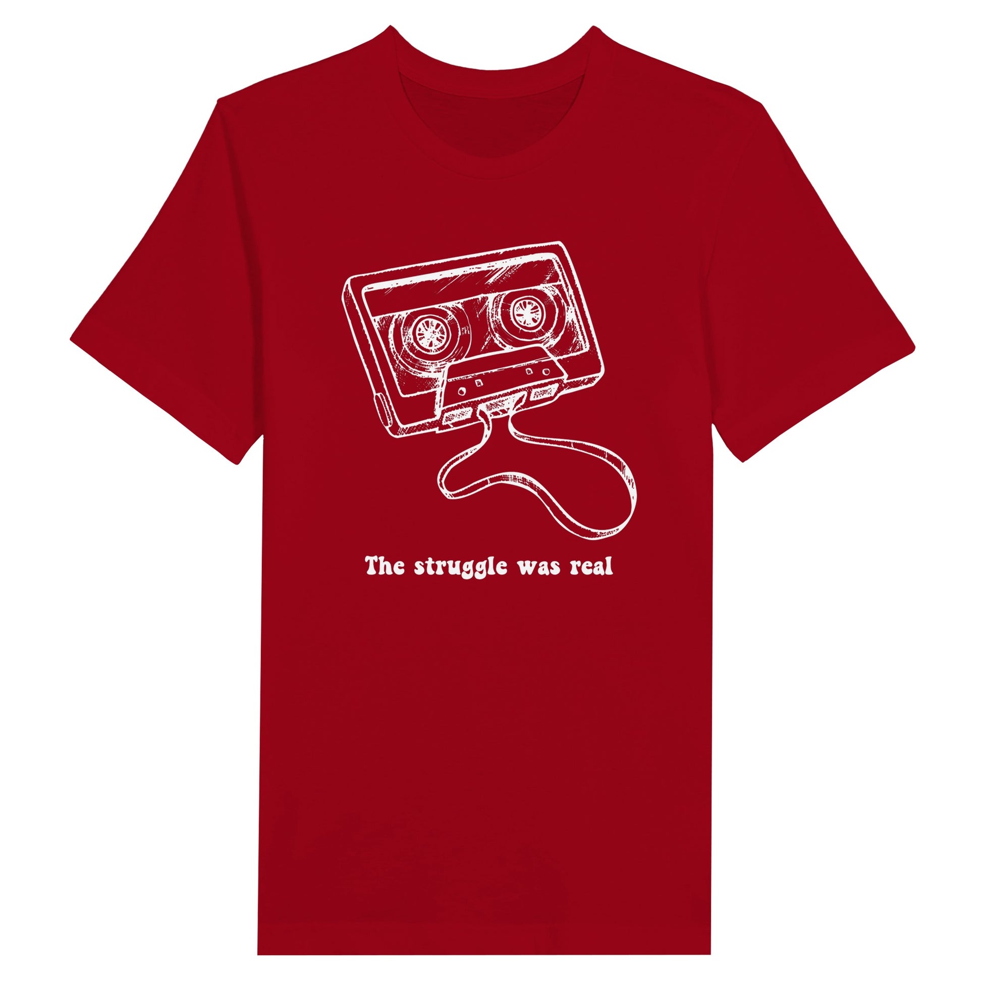 Red Gen X statement clothing T-shirt with a white cassette tape design and the text "The struggle was real". 