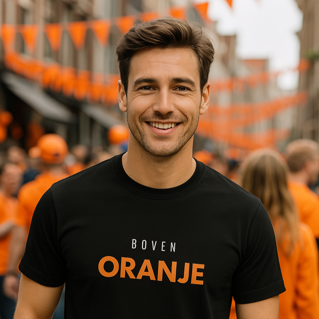 Man draagt een zwart Boven Oranje statement T-shirt van Yebber, een gedurfde en satirische twist op de Nederlandse Koningsdag-traditie. Perfect voor wie een uniek statement wil maken.
