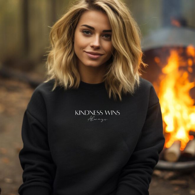 Lifestyle image of a person wearing the "Kindness Wins, Always" sweatshirt, showcasing its stylish fit and inspirational message.