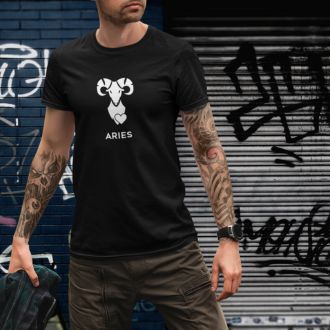 Man wearing a black Aries Zodiac Sign T-shirt from Yebber, featuring a minimalist ram symbol with a heart – statement clothing for astrology enthusiasts.