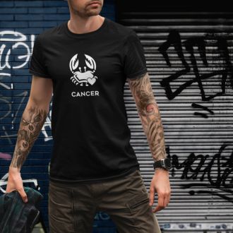 Man wearing a black Cancer Zodiac Sign T-shirt from Yebber, featuring a minimalist crab symbol with a heart – statement clothing for astrology enthusiasts.