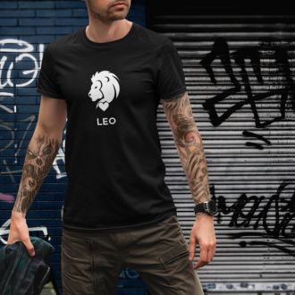 Man wearing a black Leo Zodiac Sign T-shirt from Yebber, featuring a minimalist lion symbol with a heart – statement clothing for astrology enthusiasts.