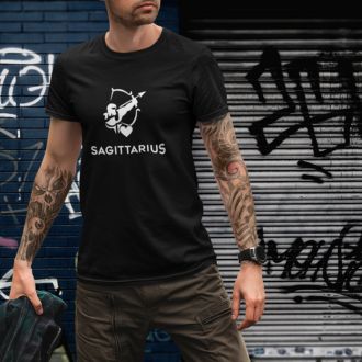 Man wearing a black Sagittarius Zodiac Sign T-shirt from Yebber, featuring a minimalist archer symbol with a heart – statement clothing for astrology enthusiasts.