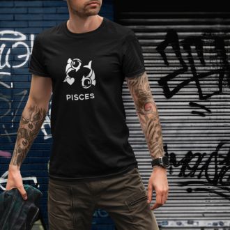 Man wearing a black Pisces Zodiac Sign T-shirt from Yebber, featuring a minimalist fish symbol with a heart – statement clothing for astrology enthusiasts.