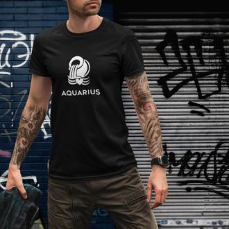 Man wearing a black Aquarius Zodiac Sign T-shirt from Yebber, featuring a minimalist Aquarius glyph with a heart – perfect statement clothing for astrology lovers.