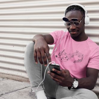 Man wearing a azalea Love Music Sheet T-shirt from Yebber, featuring a heart-shaped music sheet design – statement clothing for music lovers.