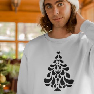 Person wearing a white Minimalistic Christmas statement clothing sweatshirt with a black minimalist Christmas tree design.