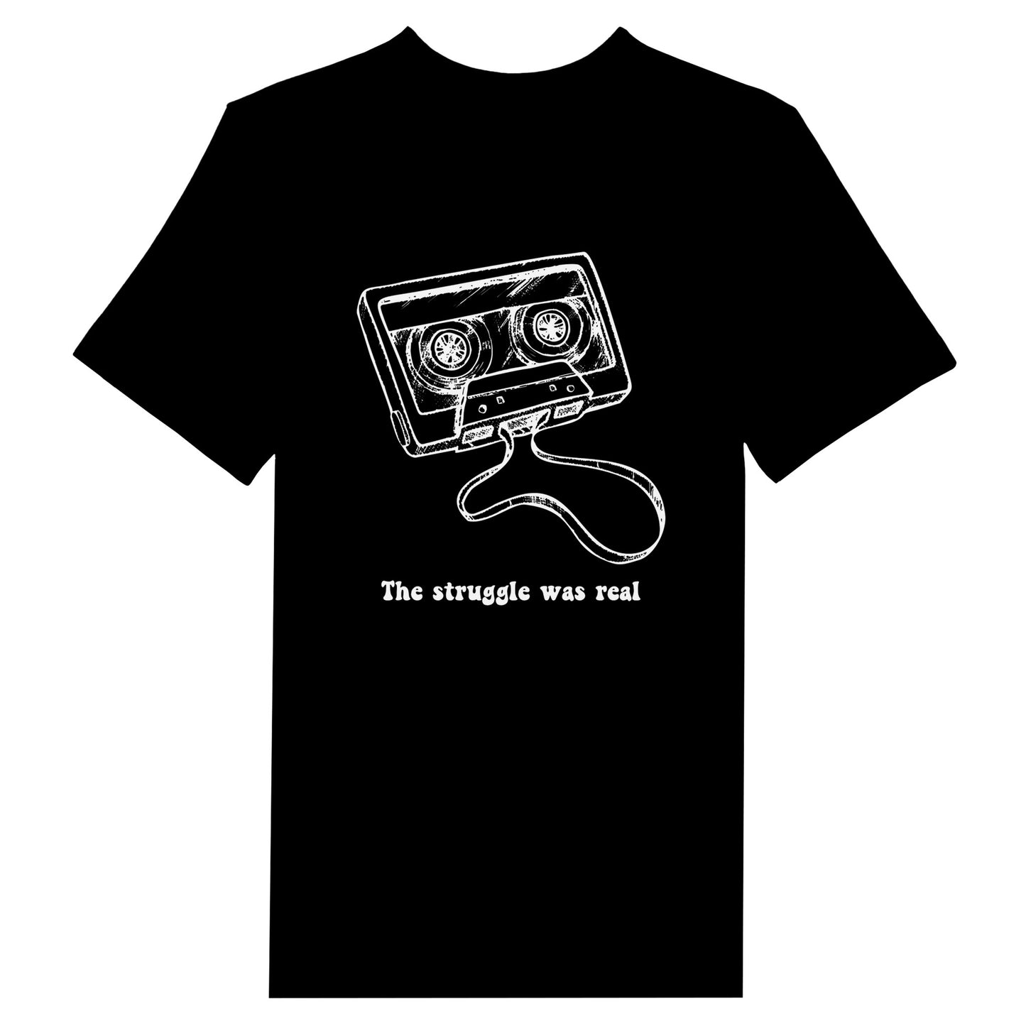 Black Gen X statement clothing T-shirt with a white cassette tape design and the text "The struggle was real". 