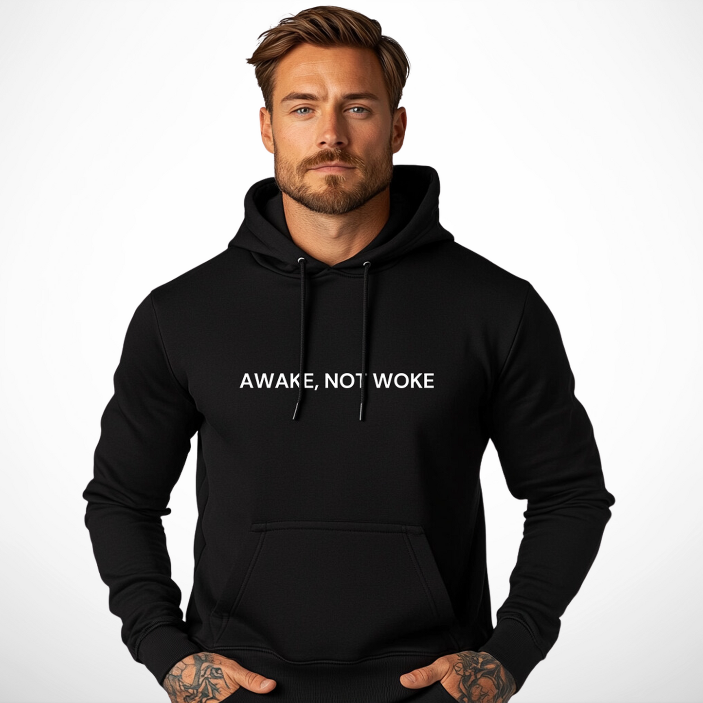 Man wearing a  black awake, not woke hoodie. Statement clothing by yebber.