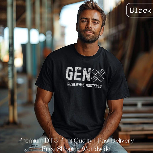 Man wearing a black Gen X statement clothing T-shirt with the text "Resilience Mastered," standing in an urban industrial setting. Premium DTG print quality, fast delivery, and free worldwide shipping by Yebber.