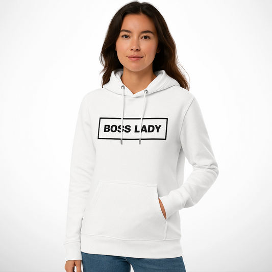 A woman wearing a white BOSS LADY Hoodie
