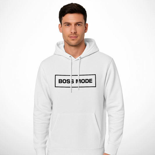 A man wearing a white BOSS MODE hoodie