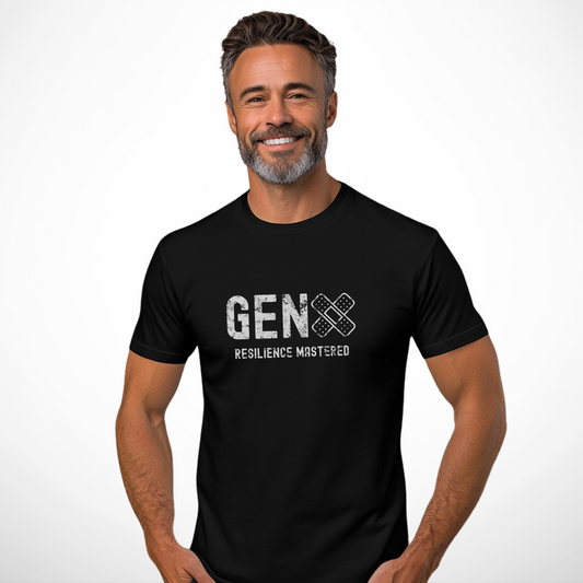 Man wearing a black Yebber T-shirt with bold white text "GEN X – Resilience Mastered" and a bandage icon – powerful statement clothing celebrating Generation X’s strength and survival.