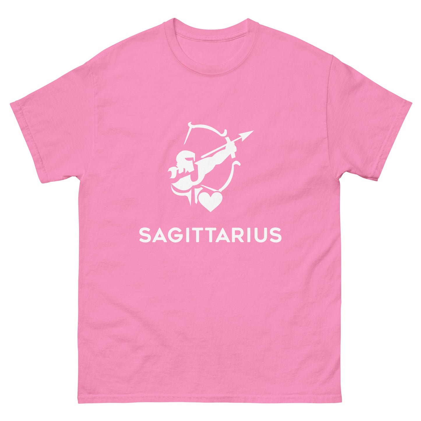 azalea Sagittarius Zodiac Sign T-shirt from Yebber, featuring a minimalist archer symbol with a heart – statement clothing for astrology enthusiasts.