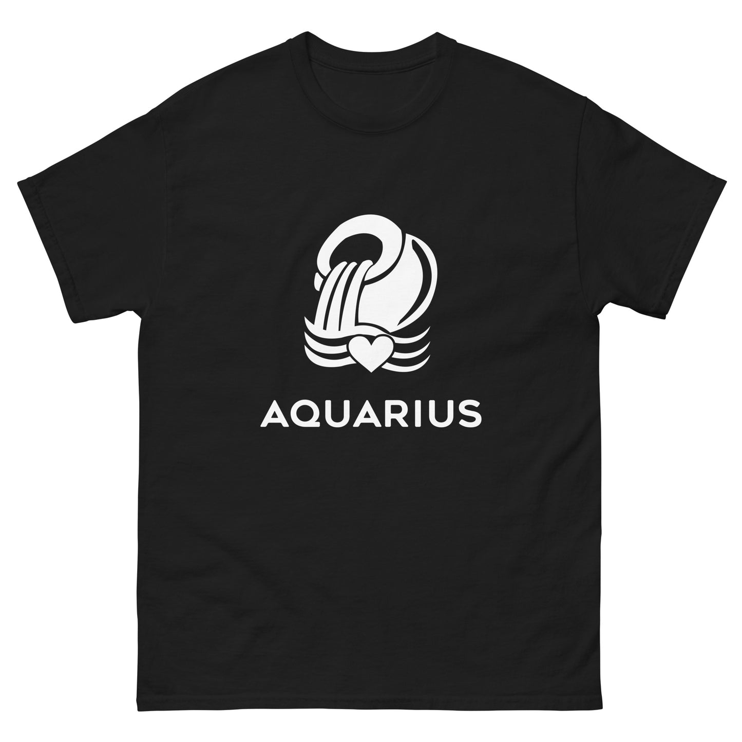 black Aquarius Zodiac Sign T-shirt from Yebber, featuring a minimalist Aquarius glyph with a heart – perfect statement clothing for astrology lovers.