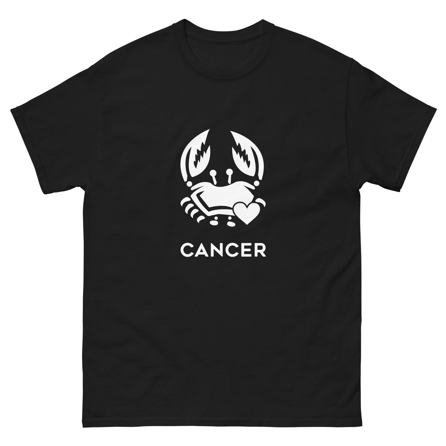 black Cancer Zodiac Sign T-shirt from Yebber, featuring a minimalist crab symbol with a heart – statement clothing for astrology enthusiasts.