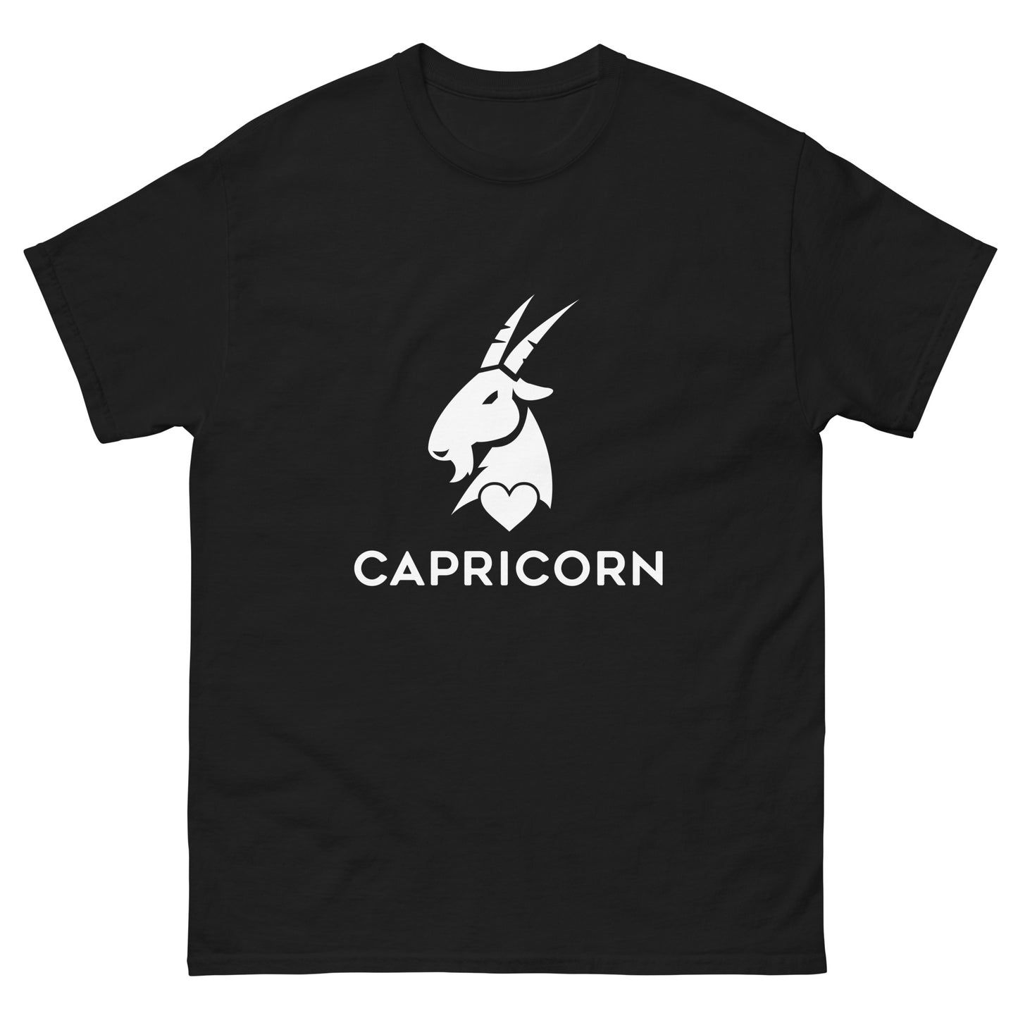 black Capricorn Zodiac Sign T-shirt from Yebber, featuring a minimalist goat symbol with a heart – statement clothing for astrology enthusiasts.